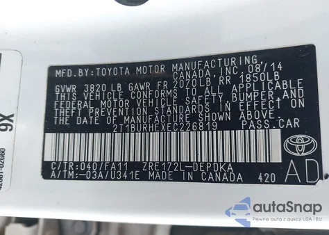 2014 Toyota Corolla L z USA, uszkodzony, nr VIN 2T1BURHEXEC226819